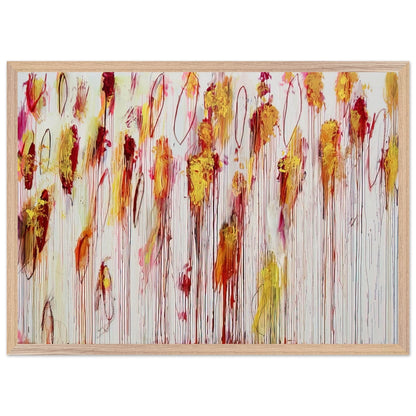 Lepanto, Part VIII by Cy Twombly framed art print; featuring vivid golden-yellow and orange brushstrokes, deep crimson and burgundy accents, delicate pink marks; size 60 × 90 cm (24 × 36 in); black frame.