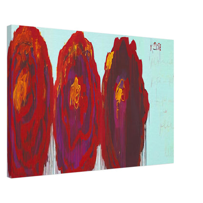 The Rose (IV) by Cy Twombly canvas print, 50 × 75 cm / 20 × 30 in: This striking composition features three large, rose-inspired forms in vivid crimson, red, orange, yellow….