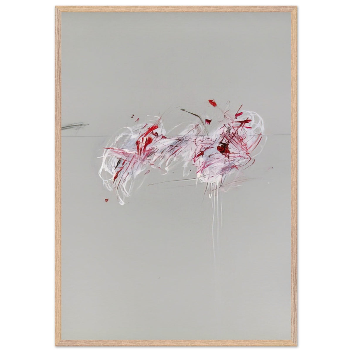 Nine Discourses on Commodus, Part II by Cy Twombly, framed art print, 70x100 cm / 28x40″, Wood frame; a restrained gray background, expressive red and crimson forms