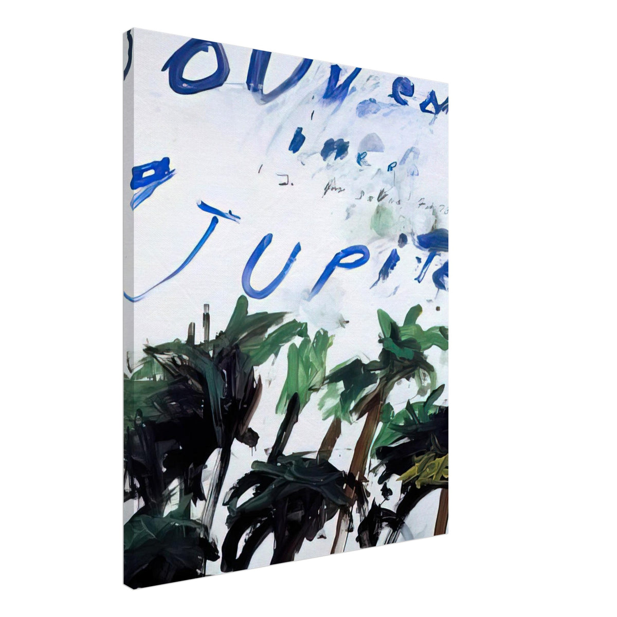 Souvenir of Jupiter by Cy Twombly, canvas print, bold blue handwritten lettering with sweeping green, black, 60x75 cm (24x30 in)