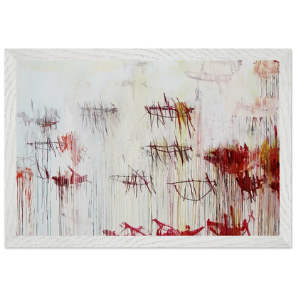 Lepanto, Part IX by Cy Twombly framed art print; featuring a luminous pale blue and ivory background, energetic crimson and burgundy marks, delicate yellow accents; size 50 × 70 cm (20 × 28 in); black frame.