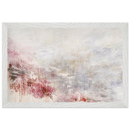 Hero and Leander (To Christopher Marlowe) [Rome] by Cy Twombly framed art print; featuring delicate washes of white, soft pink, dusty rose, and muted gray; size 30 × 45 cm (12 × 18 in); white frame.