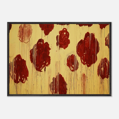 Untitled (Blooming, A Scattering of Blossoms & Other Things) by Cy Twombly framed art print; featuring vivid crimson-red and deep burgundy blossoms scattered across a luminous golden-yellow background.