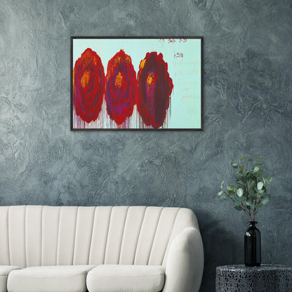 The Rose (IV) by Cy Twombly framed art print; featuring three oversized rose forms in deep crimson, fiery red, rich burgundy, and vivid violet.