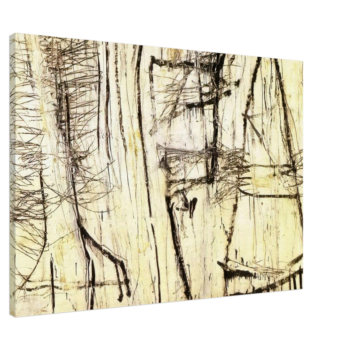 Tiznit by Cy Twombly canvas print, 40 × 50 cm / 16 × 20 in: a warm ivory background layered with intricate black lines, angular gestures, crosshatched marks….