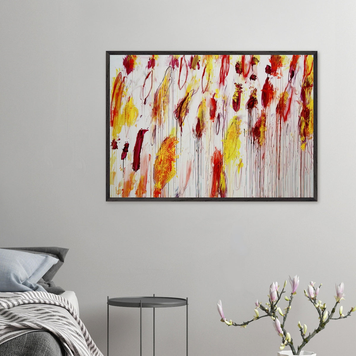 Lepanto, Part IV by Cy Twombly framed art print; featuring vivid yellow and golden-orange pigments, fiery red and crimson brushstrokes, delicate pink accents.
