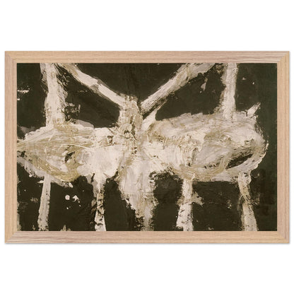 Min-Oe by Cy Twombly framed art print; featuring bold black and deep olive tones contrasted with expressive ivory and cream forms; size 28 × 43 cm (11 × 17 in); white frame.