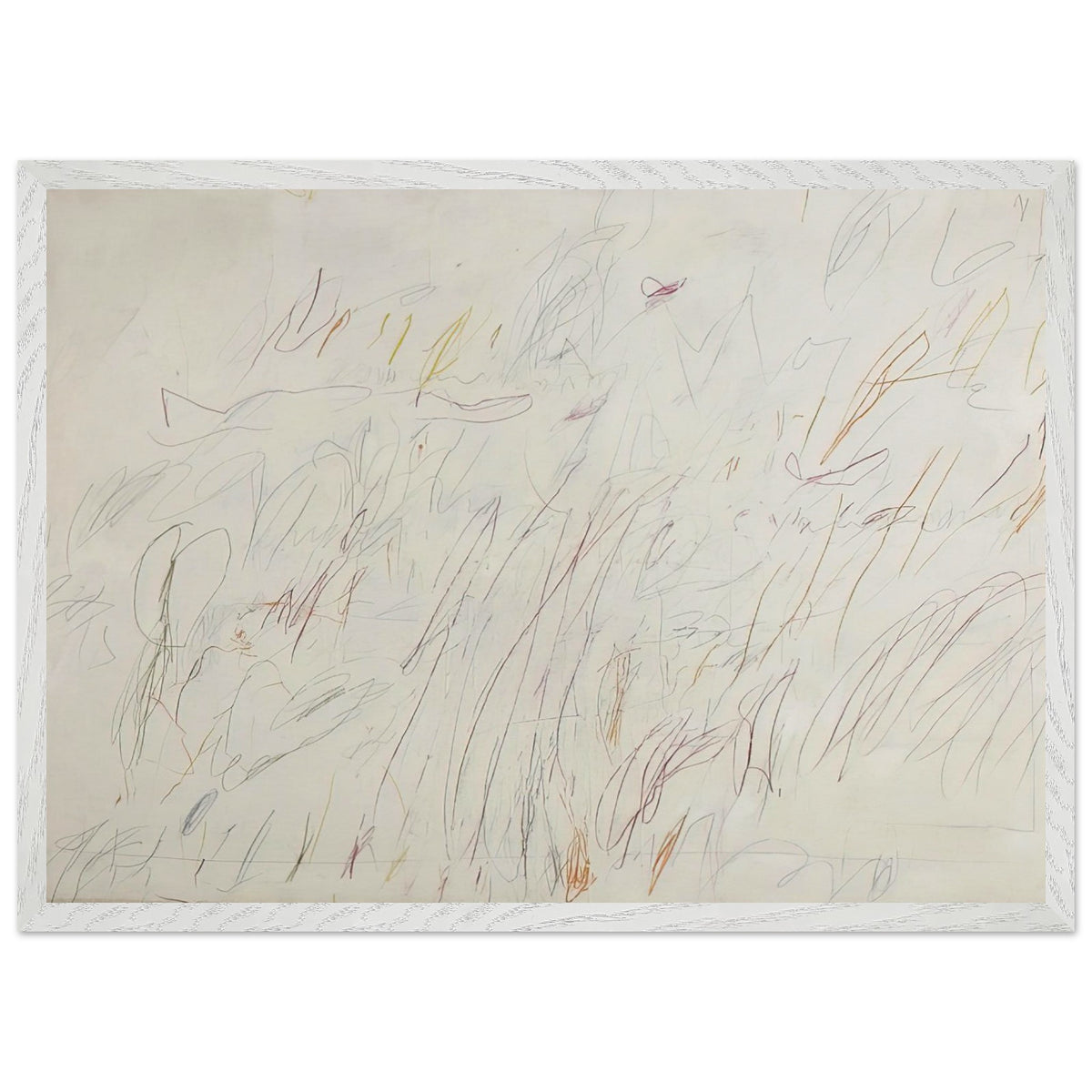 Sunset by Cy Twombly framed art print; featuring a soft ivory background covered with delicate pencil marks, flowing curves, spontaneous scribbles; size 50 × 70 cm (20 × 28 in); black frame.
