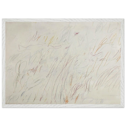 Sunset by Cy Twombly framed art print; featuring a soft ivory background covered with delicate pencil marks, flowing curves, spontaneous scribbles; size 50 × 70 cm (20 × 28 in); black frame.