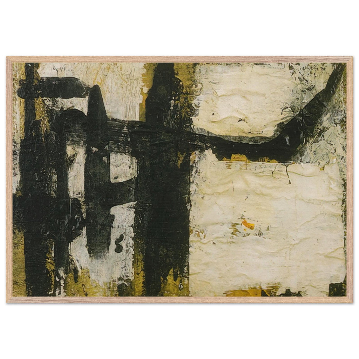Landscape by Cy Twombly framed art print; featuring bold black and charcoal forms, textured ivory and cream surfaces, and subtle accents of ochre, olive green; size 70 × 100 cm (28 × 40 in); white frame.