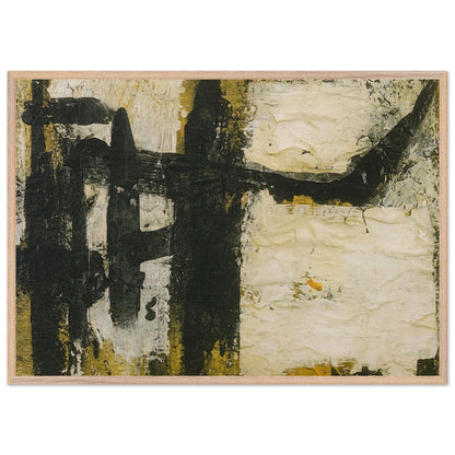Landscape by Cy Twombly framed art print; featuring bold black and charcoal forms, textured ivory and cream surfaces, and subtle accents of ochre, olive green; size 70 × 100 cm (28 × 40 in); white frame.