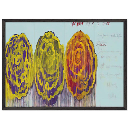 The Rose (III) by Cy Twombly framed art print; featuring three oversized rose-like forms in vivid golden yellow, fiery orange, rich magenta; size 50 × 70 cm (20 × 28 in); white frame.