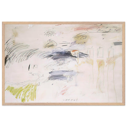 Untitled, Rome by Cy Twombly framed art print; featuring a warm ivory background layered with spontaneous black and charcoal lines, delicate pencil-like gestures; size 70 × 100 cm (28 × 40 in); white frame.