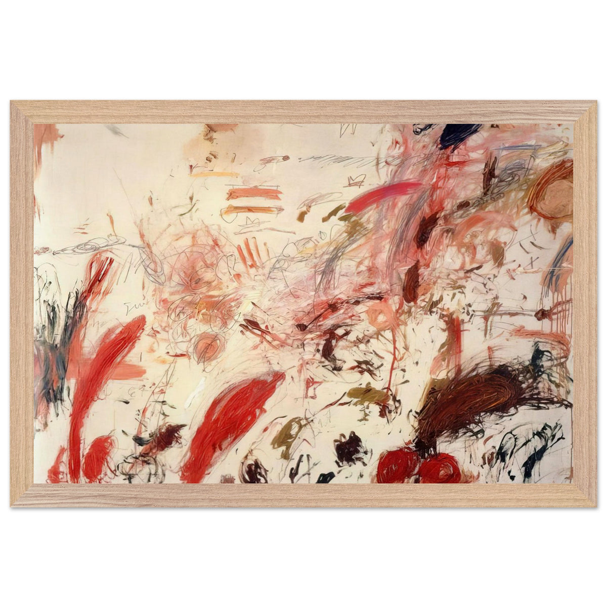 Ferragosto IV by Cy Twombly framed art print; featuring energetic red and pink brushstrokes, sweeping lines, layered marks, and contrasting accents of orange, brown; size 800 × 1200 mm (32 × 48 in); wood frame.