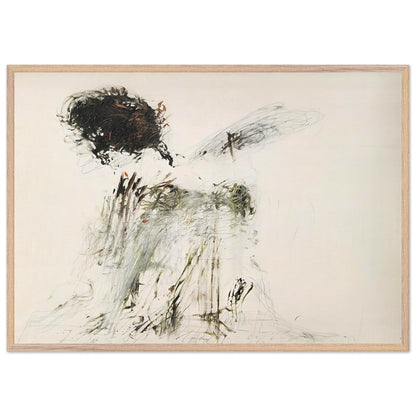 Ides of March by Cy Twombly framed art print; featuring a dramatic mass of black and dark brown marks in the upper-left area, delicate gray lines, earthy green accents; size 50 × 70 cm (20 × 28 in); white frame.