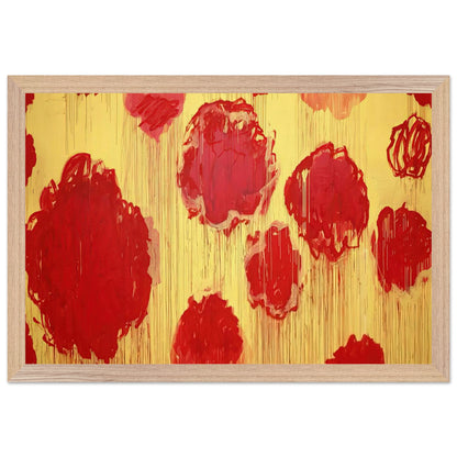 Untitled (Peonias Series) by Cy Twombly framed art print; featuring bold crimson-red and scarlet flower forms against a luminous golden-yellow background; size A1 (59.4 × 84.1 cm); black frame.