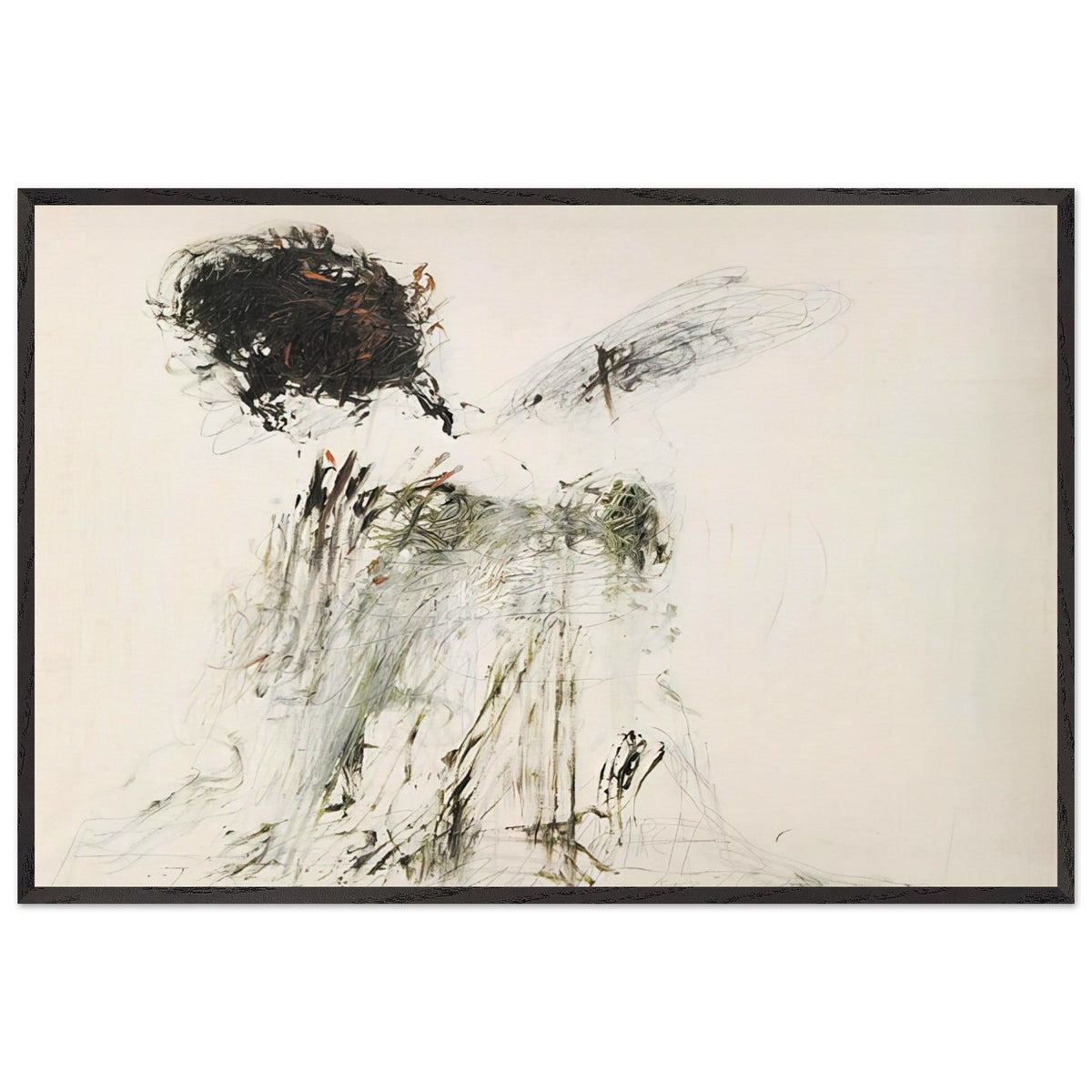 Ides of March by Cy Twombly framed art print; featuring a dramatic mass of black and dark brown marks in the upper-left area, delicate gray lines, earthy green accents; size 800 × 1200 mm (32 × 48 in); wood frame.