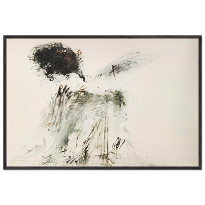 Ides of March by Cy Twombly framed art print; featuring a dramatic mass of black and dark brown marks in the upper-left area, delicate gray lines, earthy green accents; size 800 × 1200 mm (32 × 48 in); wood frame.