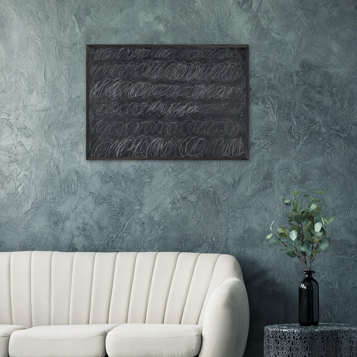 Cold Stream by Cy Twombly framed art print; featuring dense, repeating white and gray scribbled lines arranged in horizontal rows across a deep charcoal-gray.