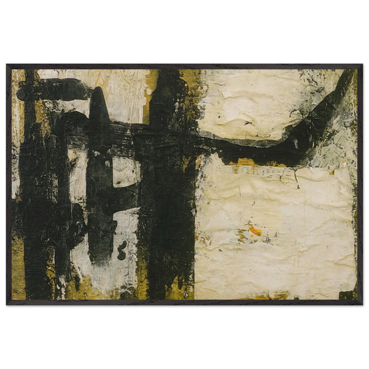 Landscape by Cy Twombly framed art print; featuring bold black and charcoal forms, textured ivory and cream surfaces, and subtle accents of ochre, olive green; size 50 × 70 cm (20 × 28 in); wood frame.