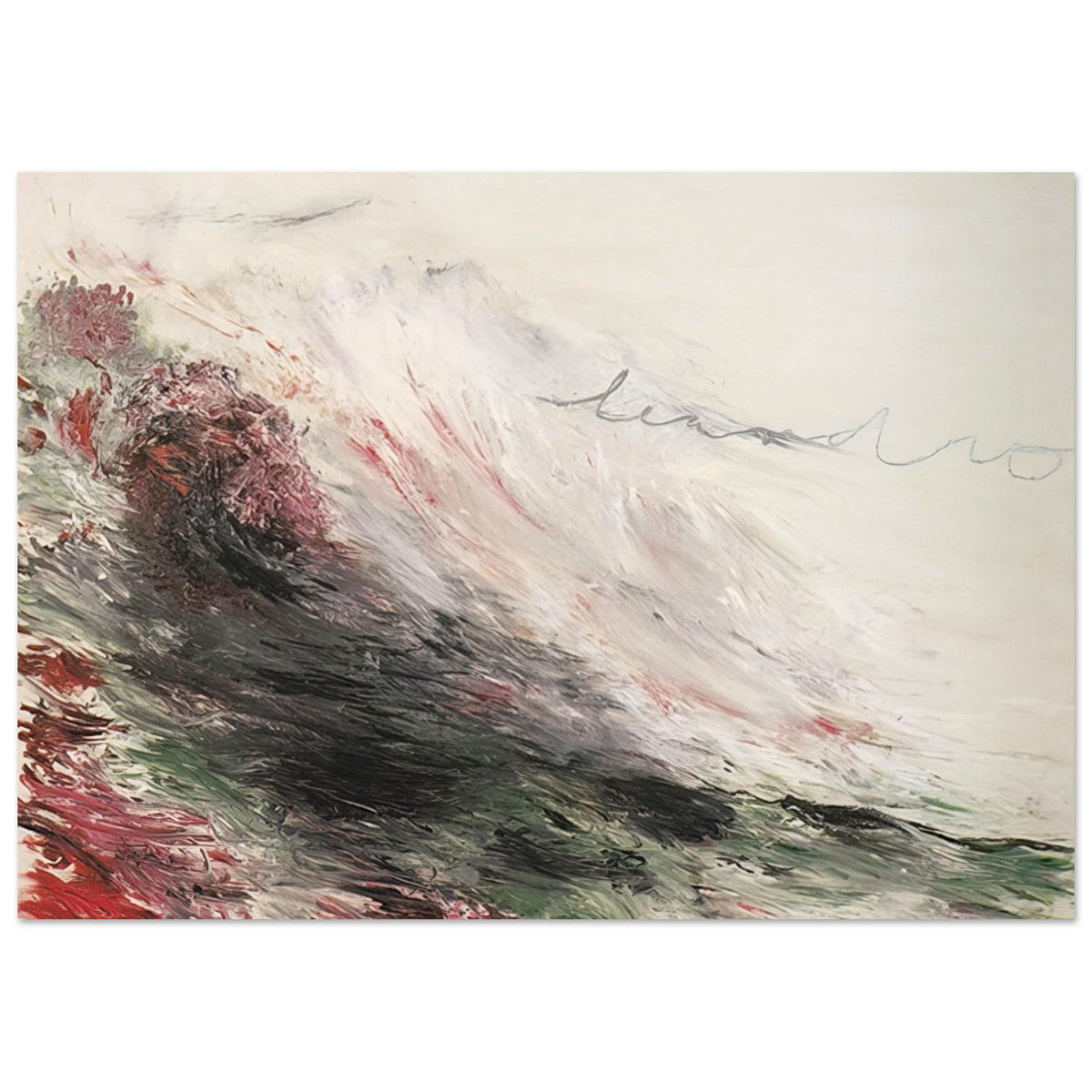 Hero and Leandro (A Painting in Four Parts) Part I by Cy Twombly poster, 40 × 60 cm / 16 × 24 in: This atmospheric composition features sweeping brushstrokes in white, pale gray, muted pink, deep green….