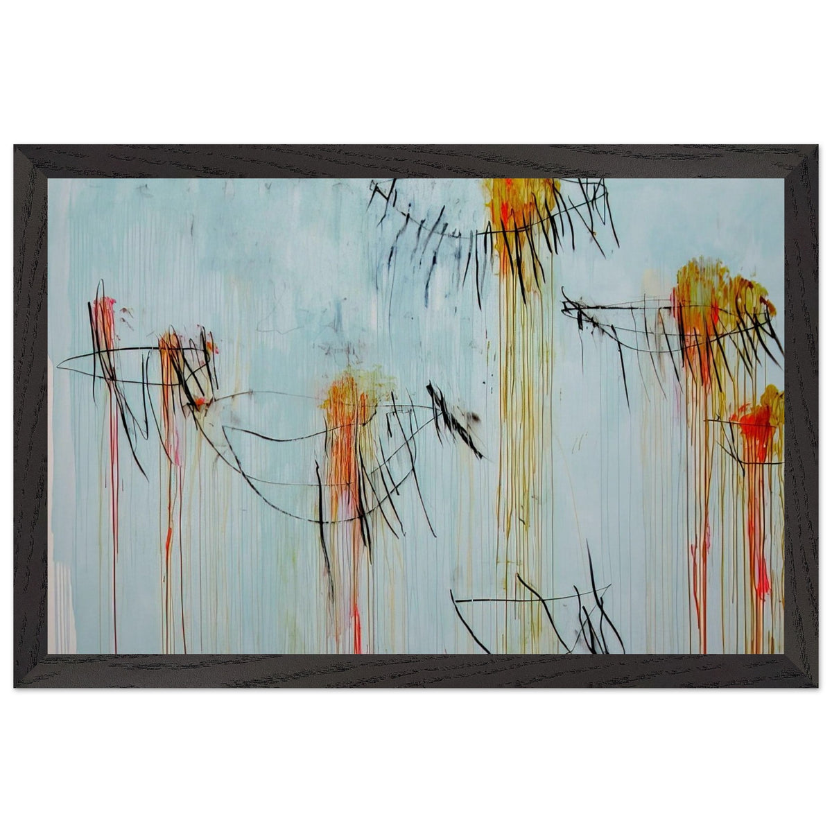 Lepanto, Part II by Cy Twombly framed art print; featuring a luminous turquoise-blue background, energetic black gestural lines, and vivid accents of yellow, orange; size 28 × 43 cm (11 × 17 in); white frame.