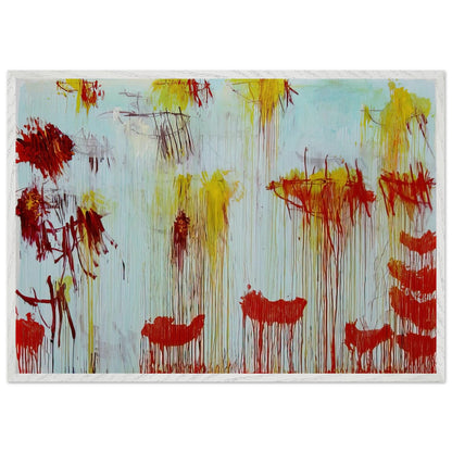 Lepanto, Part XI by Cy Twombly framed art print; featuring a luminous turquoise and pale blue background with vibrant golden-yellow brushstrokes; size 60 × 90 cm (24 × 36 in); wood frame.
