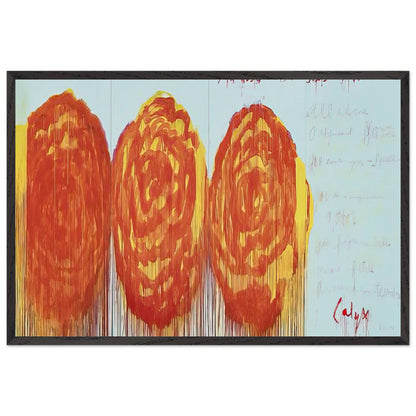 The Rose (II) by Cy Twombly framed art print; featuring three oversized rose-like forms in vibrant orange, fiery red; size 60 × 90 cm (24 × 36 in); wood frame.