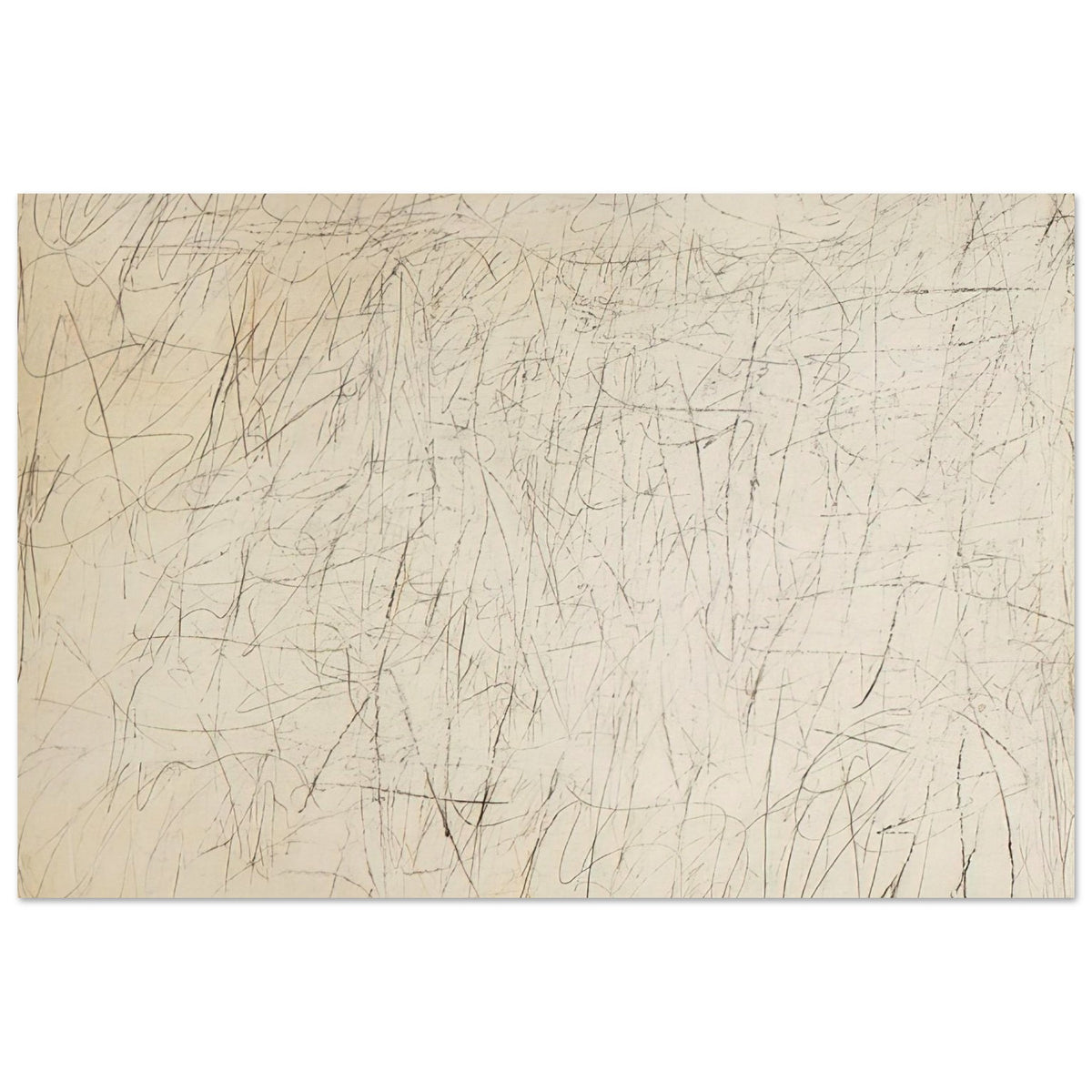 The Geeks by Cy Twombly poster, 50 × 70 cm / 20 × 28 in: This expressive composition features a warm ivory background covered with an intricate network….
