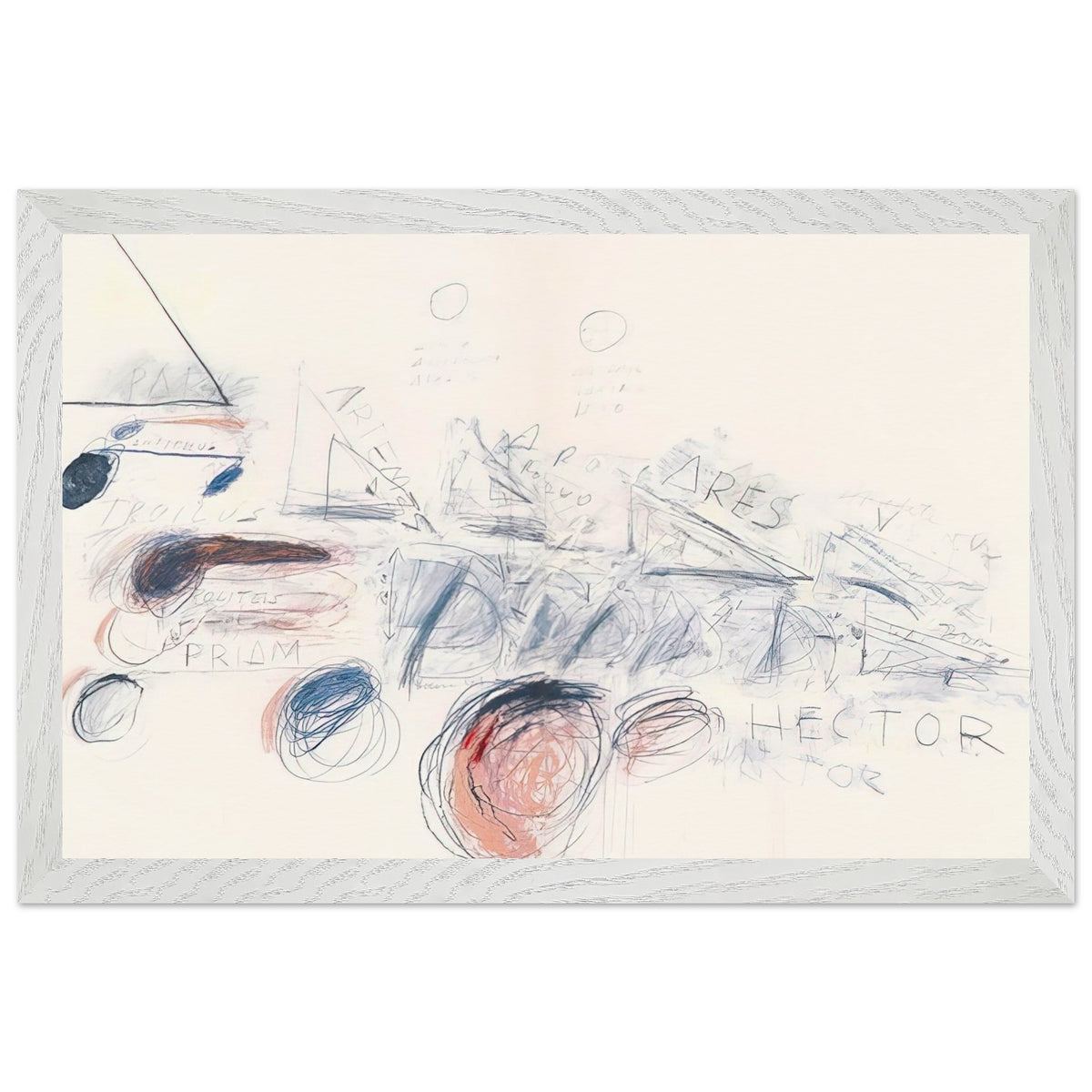 Fifty Days at Iliam: Ilians in Battle by Cy Twombly framed art print; featuring delicate blue-gray lines, energetic red marks, overlapping geometric shapes; size 800 × 1200 mm (32 × 48 in); wood frame.