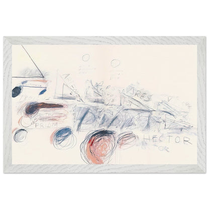 Fifty Days at Iliam: Ilians in Battle by Cy Twombly framed art print; featuring delicate blue-gray lines, energetic red marks, overlapping geometric shapes; size 800 × 1200 mm (32 × 48 in); wood frame.