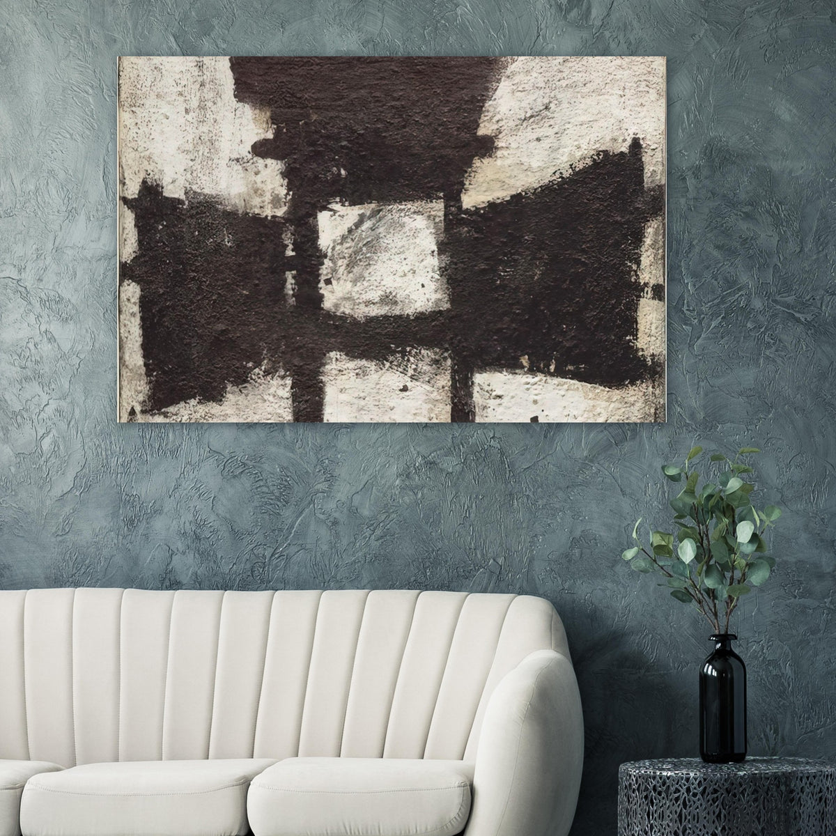 Zyig by Cy Twombly poster: This striking composition features bold black and charcoal forms against a textured ivory and off-white….