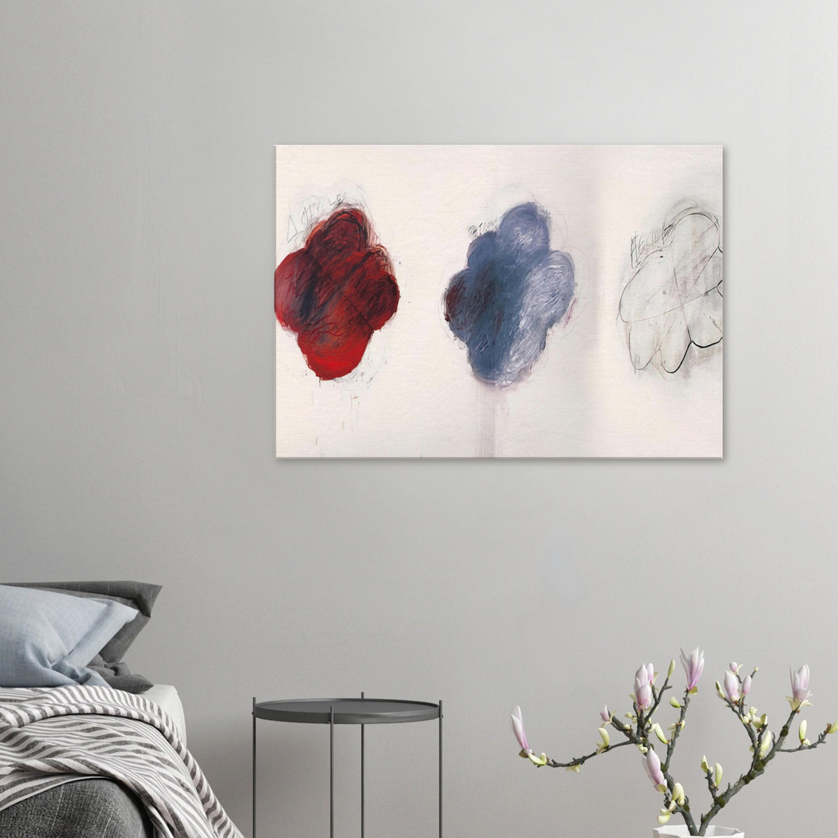 Fifty Days at Iliam: Shades of Achilles, Patroclus, and Hector by Cy Twombly canvas print: This striking composition features three cloud-like shapes arranged across a pale background: an intense….