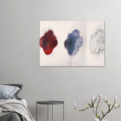 Fifty Days at Iliam: Shades of Achilles, Patroclus, and Hector by Cy Twombly canvas print: This striking composition features three cloud-like shapes arranged across a pale background: an intense….