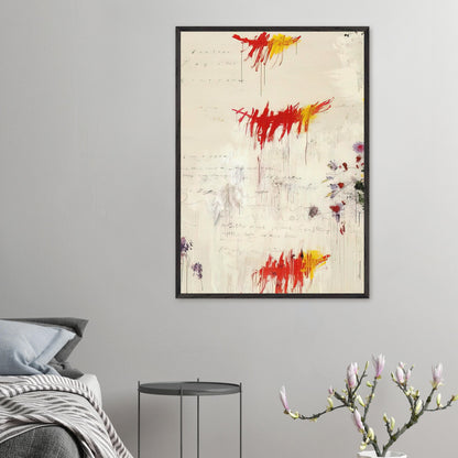 Quattro Stagioni I. Primavera by Cy Twombly, framed art print, energetic red and yellow brushstrokes, subtle purple and green details