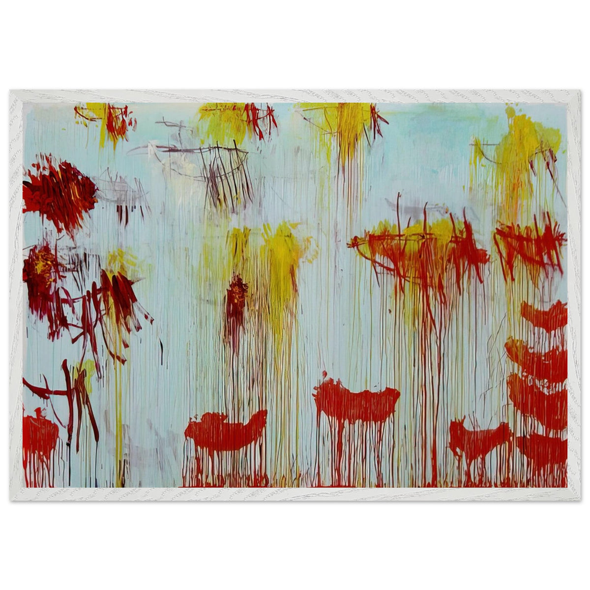 Lepanto, Part XI by Cy Twombly framed art print; featuring a luminous turquoise and pale blue background with vibrant golden-yellow brushstrokes; size A1 (59.4 × 84.1 cm); wood frame.