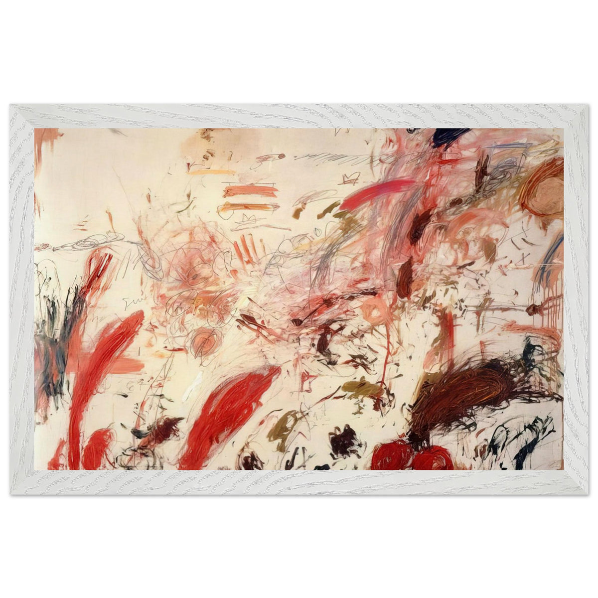Ferragosto IV by Cy Twombly framed art print; featuring energetic red and pink brushstrokes, sweeping lines, layered marks, and contrasting accents of orange, brown; size 28 × 43 cm (11 × 17 in); black frame.