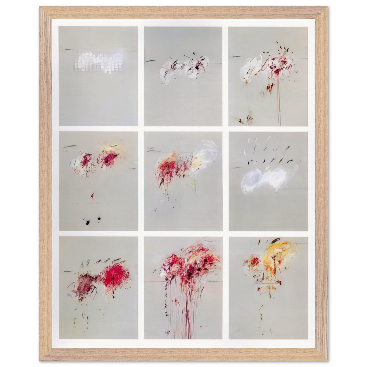 Nine Discourses on Commodus by Cy Twombly, framed art print, nine individual panels distinguished by muted gray backgrounds, 40x50 cm (16x20 in), wood frame