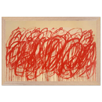 Untitled (Bacchus) by Cy Twombly framed art print; featuring sweeping vermilion-red brushstrokes, overlapping loops, energetic curves; size 70 × 100 cm (28 × 40 in); black frame.