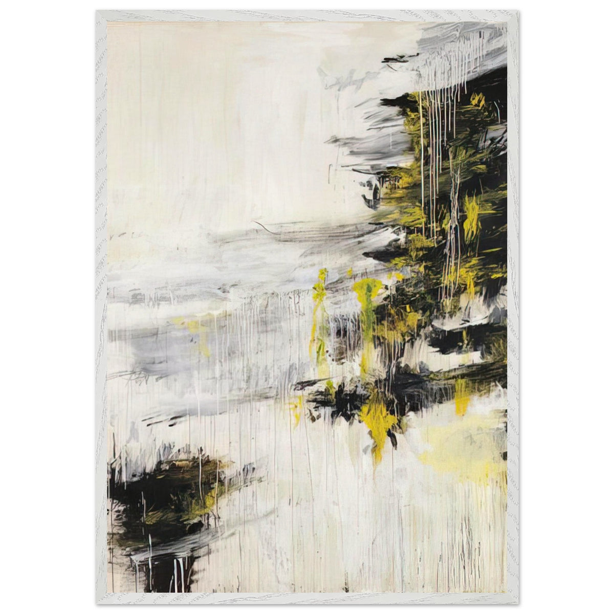 Quattro Stagioni II. Inverno by Cy Twombly, framed art print, bold black brushstrokes, flowing white and gray paint, 70x100 cm (28x40 in), wood frame
