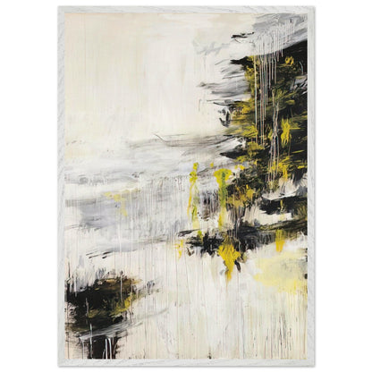 Quattro Stagioni II. Inverno by Cy Twombly, framed art print, bold black brushstrokes, flowing white and gray paint, 70x100 cm (28x40 in), wood frame