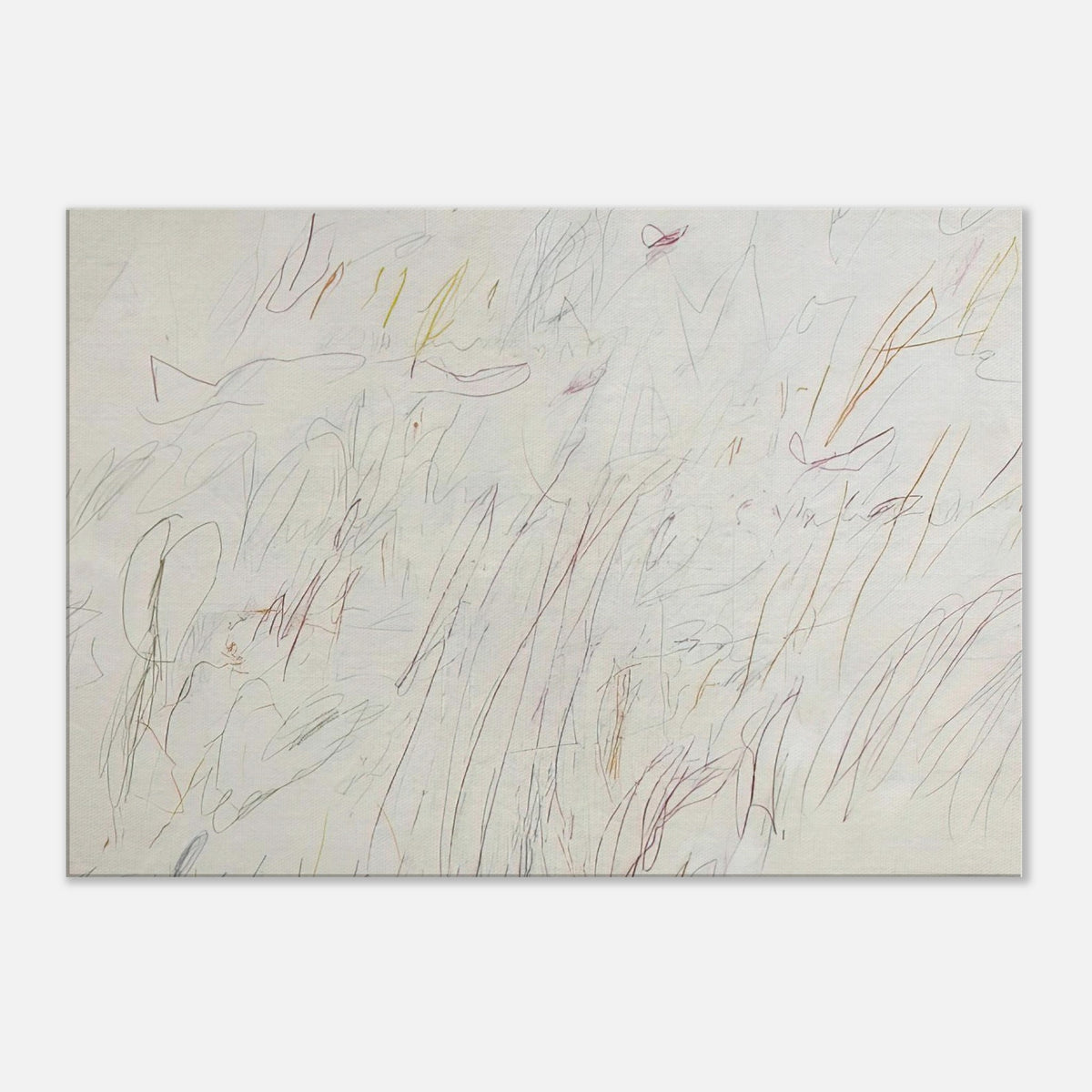 Olympia by Cy Twombly canvas print: a pale ivory background covered with delicate linear gestures, spontaneous scribbles, overlapping forms….
