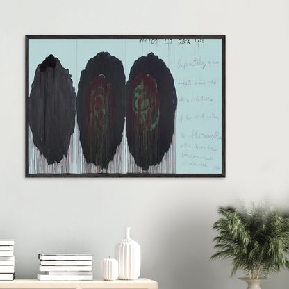 The Rose (V) by Cy Twombly framed art print; featuring three monumental rose forms in deep black, charcoal, burgundy, and dark crimson.