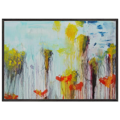 Lepanto, Part VII by Cy Twombly framed art print; featuring vibrant turquoise and aquamarine tones, vivid yellow brushstrokes, fiery orange and red accents; size 800 × 1200 mm (32 × 48 in); white frame.