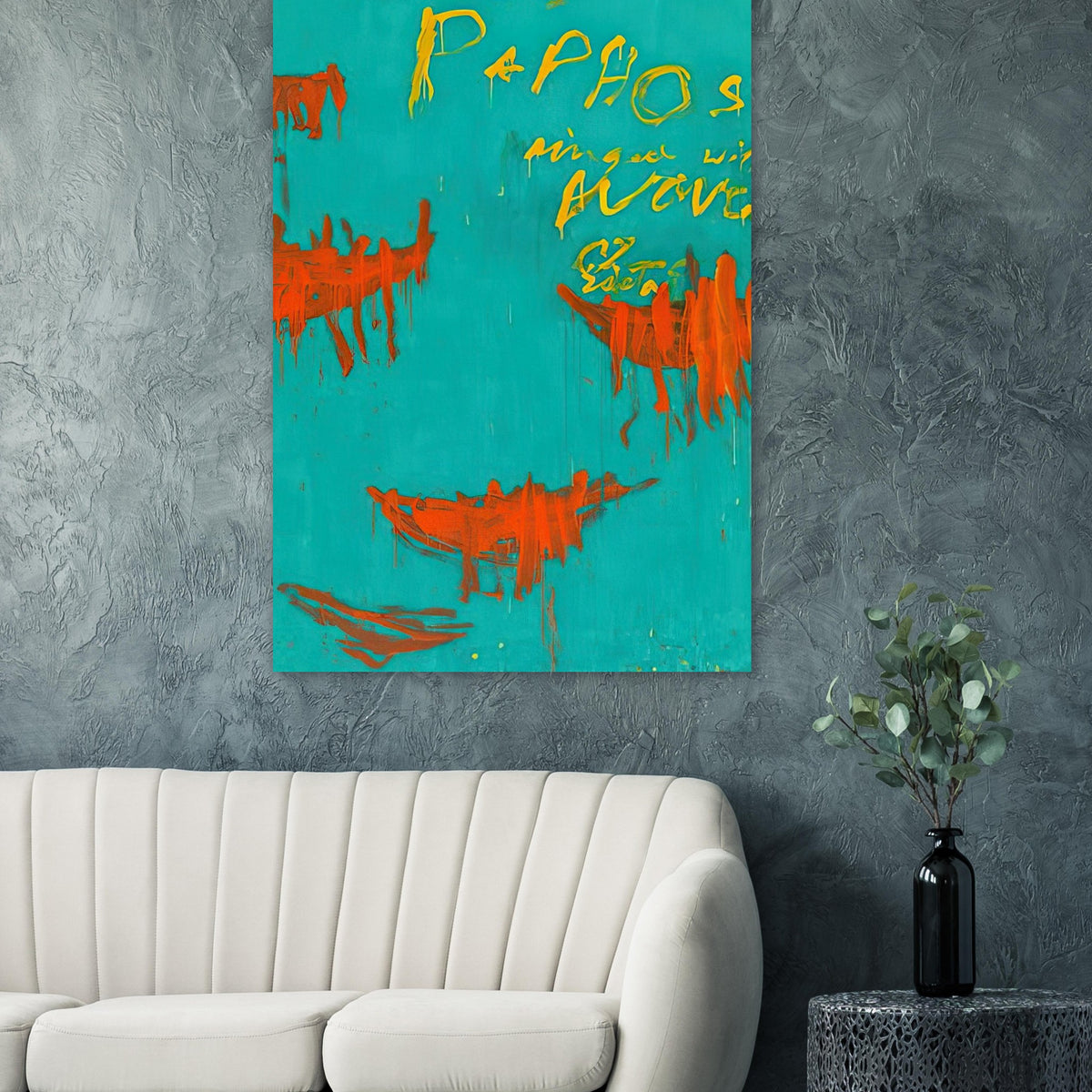 Leaving Paphos Ringed with Waves by Cy Twombly, poster; a rich turquoise background with energetic orange-red boat-like shapes and spontaneous yellow handwritten lettering