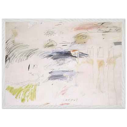 Untitled, Rome by Cy Twombly framed art print; featuring a warm ivory background layered with spontaneous black and charcoal lines, delicate pencil-like gestures; size 60 × 90 cm (24 × 36 in); wood frame.