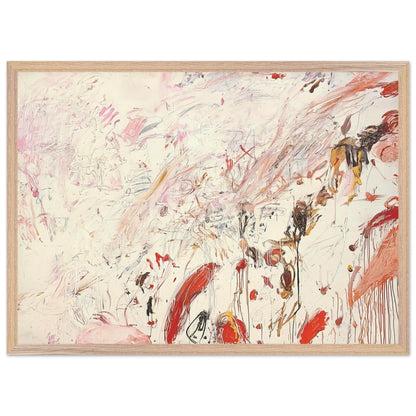 Ferragosto III by Cy Twombly framed art print; featuring energetic brushstrokes, delicate scribbles, and layered gestures in shades of red, pink, rust, orange, ochre; size 70 × 100 cm (28 × 40 in); wood frame.