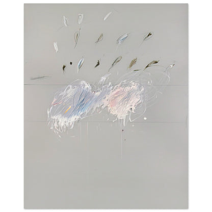 Nine Discourses on Commodus, Part VI by Cy Twombly, poster, muted gray background, delicate white brushstrokes, 40x50 cm (16x20 in)