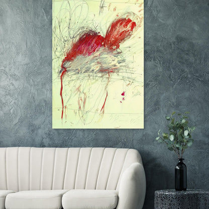 Fifty Days at Iliam: Shades of Achilles, Patroclus, and Hector by Cy Twombly, poster; sweeping red and crimson brushstrokes, delicate pink accents, loose graphite-like lines