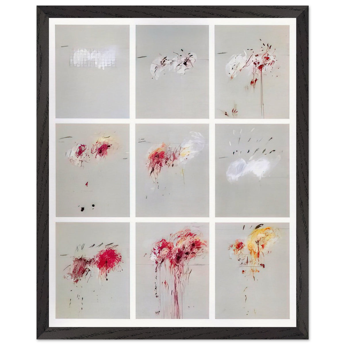 Nine Discourses on Commodus by Cy Twombly, framed art print, nine individual panels distinguished by muted gray backgrounds, 60x80 cm (24x32 in), wood frame